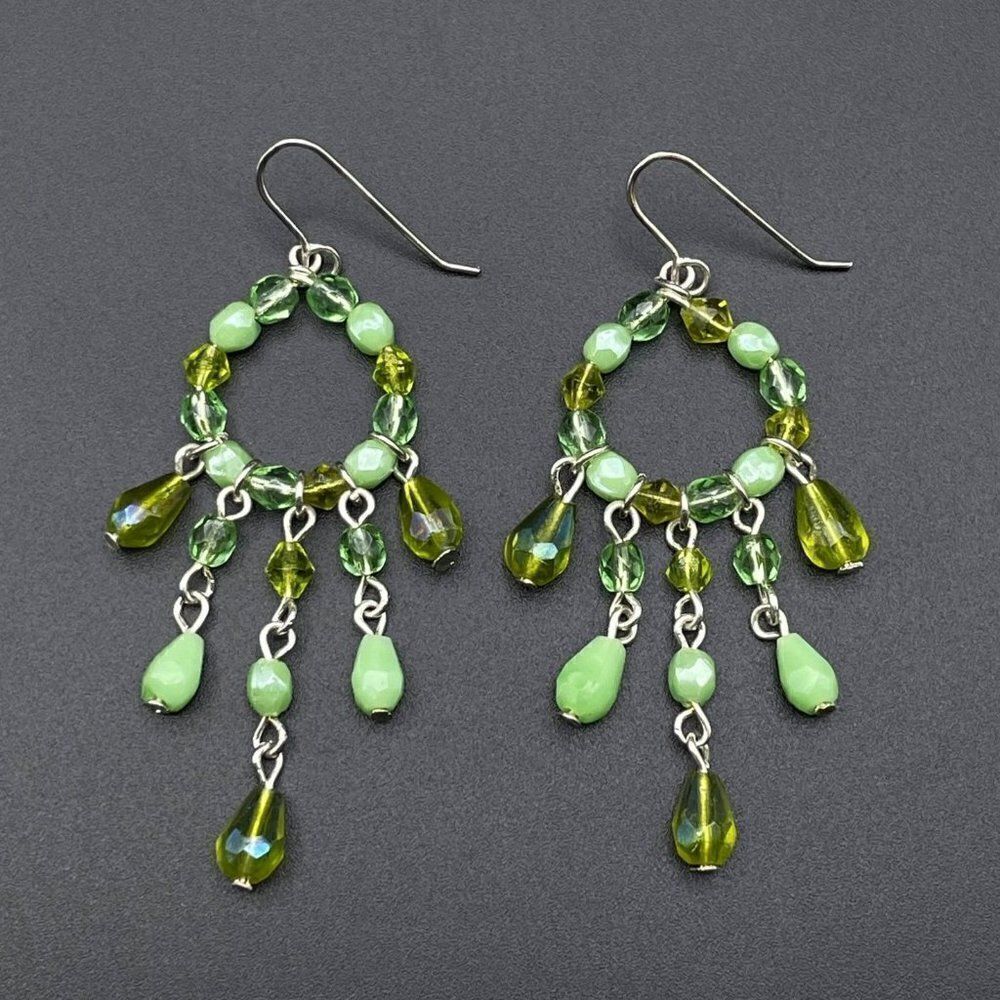 Silver with Emerald and Mint Green Crystal Beaded Dangling Drop Hook Earrings - Picture 2 of 8